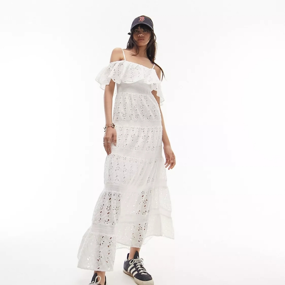 Topshop strappy broderie maxi dress with frill neck in ivory